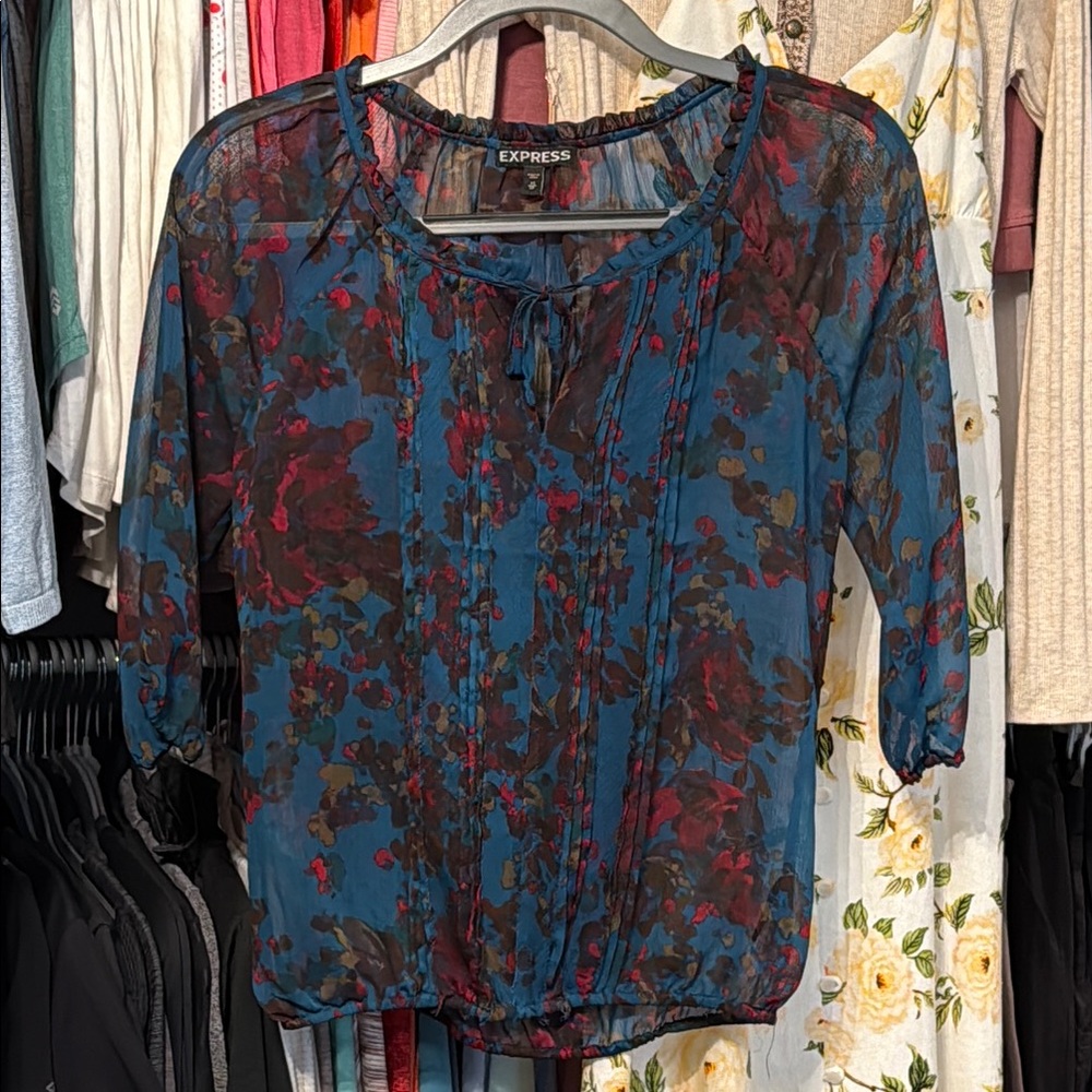 Express Blue and Red 3/4 Sleeve Blouse with Mandarin Collar